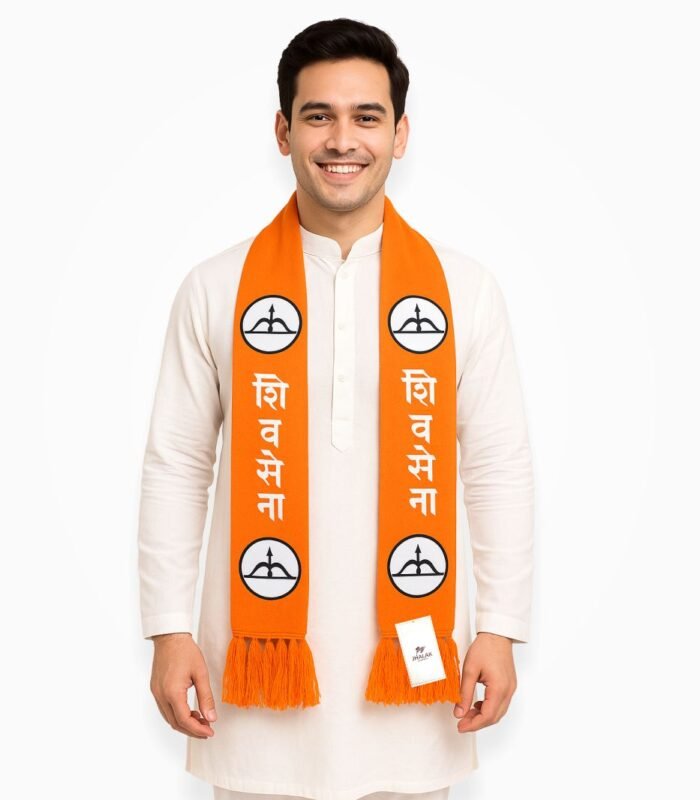 "Orange muffler with printed design worn by an Indian male model in white kurta pajama"