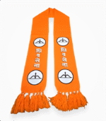 "Orange Shiv Sena scarf with bow and arrow symbol and Shiv Sena text"