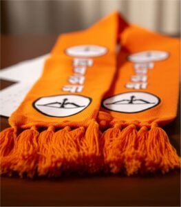 Orange Shiv Sena muffler with tassels and the party's bow and arrow symbol, on a table.
