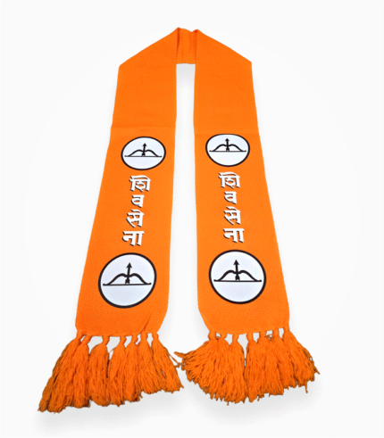 "Orange Shiv Sena scarf with bow and arrow symbol and Shiv Sena text"