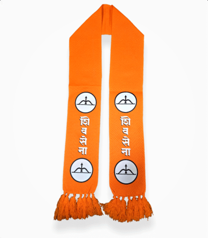 "Shiv Sena scarf with bow and arrow symbol and Shiv Sena text"