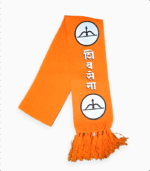 "Folded orange Shiv Sena scarf with party symbol and 'शिवसेना' text"