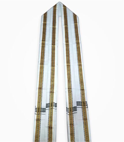 Full-length view of white gamcha – 2 meter scarf with woven borders