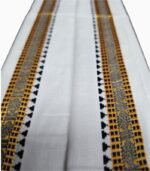White cotton gamcha with silver-gold and dark green border – close-up view
