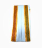 Close Fold of White Gamcha with Green and Orange Border