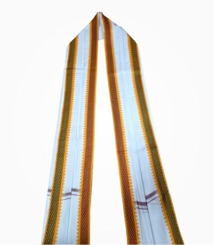 White Sanskar Gamcha with Orange and Green Traditional Border