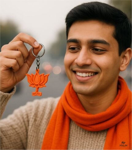 Young Indian man holding orange lotus keychain with a smile