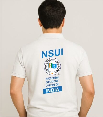 Backside of NSUI white polo collar t-shirt with printed text and logo