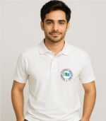 Young Indian man wearing NSUI white polo neck t-shirt front view