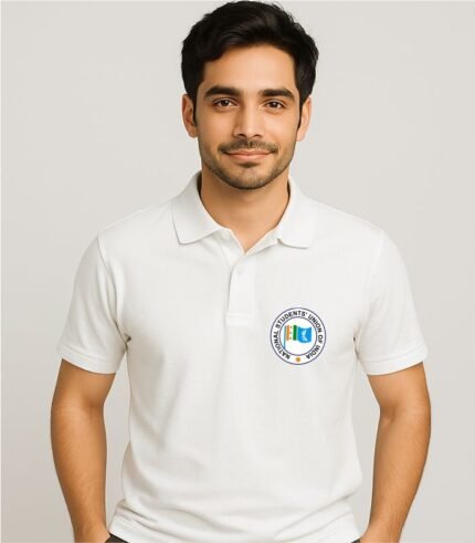 Young Indian man wearing NSUI white polo neck t-shirt front view