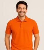 Indian male model wearing plain orange polo t-shirt with collar – front view
