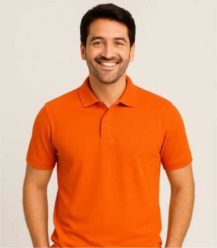 Indian male model wearing plain orange polo t-shirt with collar – front view