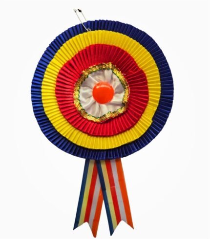 Three-layer Panchsheel ribbon badge in blue, yellow, and red satin