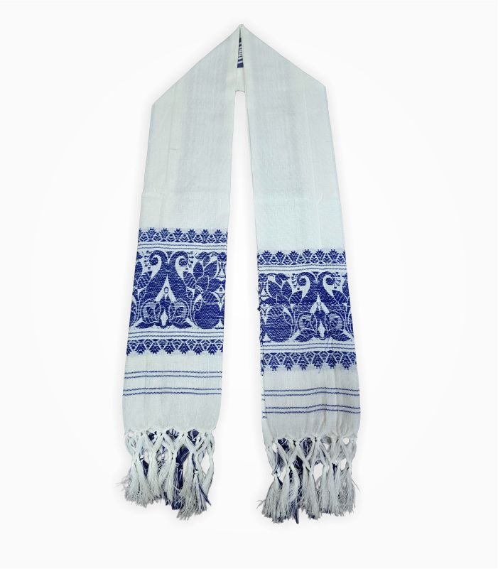 “Traditional Assamese gamcha with symmetrical blue floral weave on white cotton”