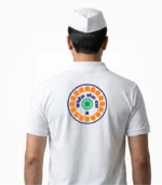 Congress Seva Dal white polo t-shirt back view kangress seva dal circular emblem Hindi text print