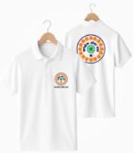 Congress Seva Dal white polo t-shirt front and back view hanger kangress seva dal emblem print