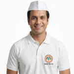 Congress Seva Dal white polo t-shirt front view model wearing Gandhi topi kangress seva dal chest print