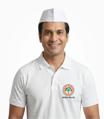 Congress Seva Dal white polo t-shirt front view model wearing Gandhi topi kangress seva dal chest print