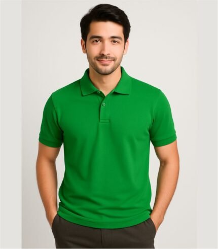 Young Indian male model in green collared polo t-shirt – front view