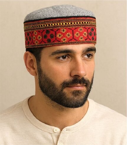 Man wearing Himachali cap with traditional red embroidery