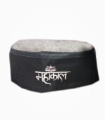 Black Mahakal Himachali cap with Hindi embroidery and Shiv Trishul symbol.