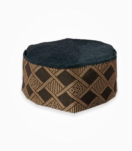 Black Himachali cap with golden box weave pattern on band.