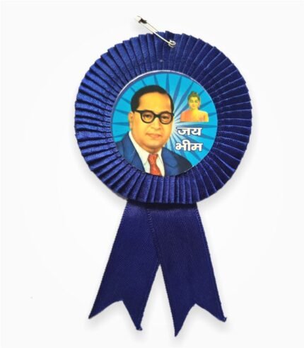 Blue ribbon badge featuring Dr. B.R. Ambedkar with Jai Bhim text