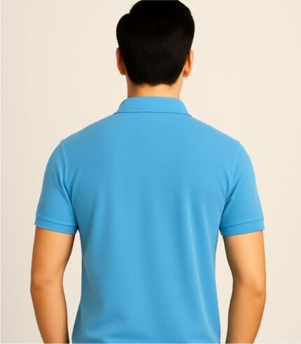 Back side of sky blue polo t-shirt worn by male model in studio