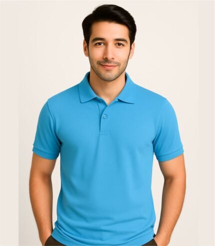 Young Indian man wearing a plain sky blue polo t-shirt in studio background