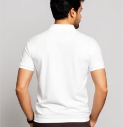 Back view of a young Indian male model wearing a white collared t-shirt