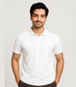 Young Indian male model wearing plain white polo t-shirt, front view