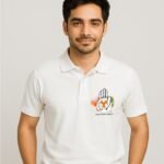 Youth Congress white polo t-shirt front view Indian Youth Congress hand symbol tricolor chest print