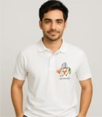 Youth Congress white polo t-shirt front view Indian Youth Congress hand symbol tricolor chest print