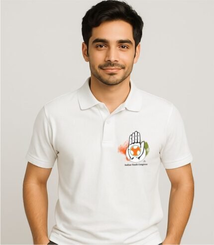 Youth Congress white polo t-shirt front view Indian Youth Congress hand symbol tricolor chest print