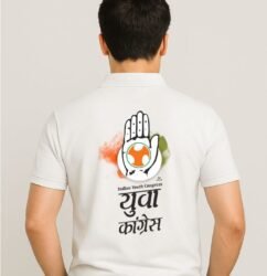 Back view of Youth Congress collar t-shirt with tricolor and hand symbol