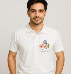 Young Indian male wearing white Youth Congress collar t-shirt front view