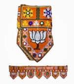 Folded BJP Door Toran made of orange velvet fabric with embroidered lotus motifs and floral mirror work