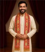 Indian man wearing Banarasi Phatka red and golden swagat muffler over white kurta pajama in namaste pose