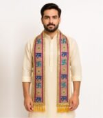 Indian man wearing Jai Shree Ram Phatka with pink and golden sequin work over cream kurta pajama on white background