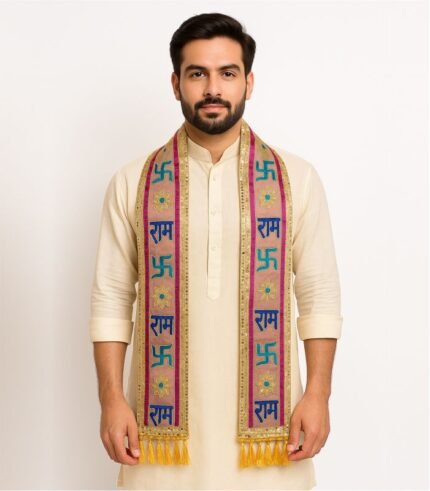 Indian man wearing Jai Shree Ram Phatka with pink and golden sequin work over cream kurta pajama on white background