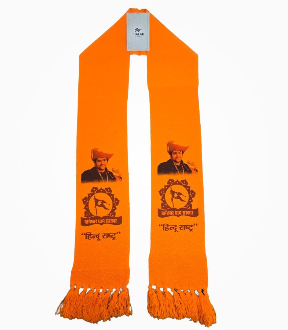 Bageshwar dham sarkar orange muffler Bageshwar Dham Sarkar Orange Muffler Front View – Hindu Rashtra Stole