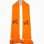 Hindu Orange Muffler Front View – Knitted Stole with Fringe Ends