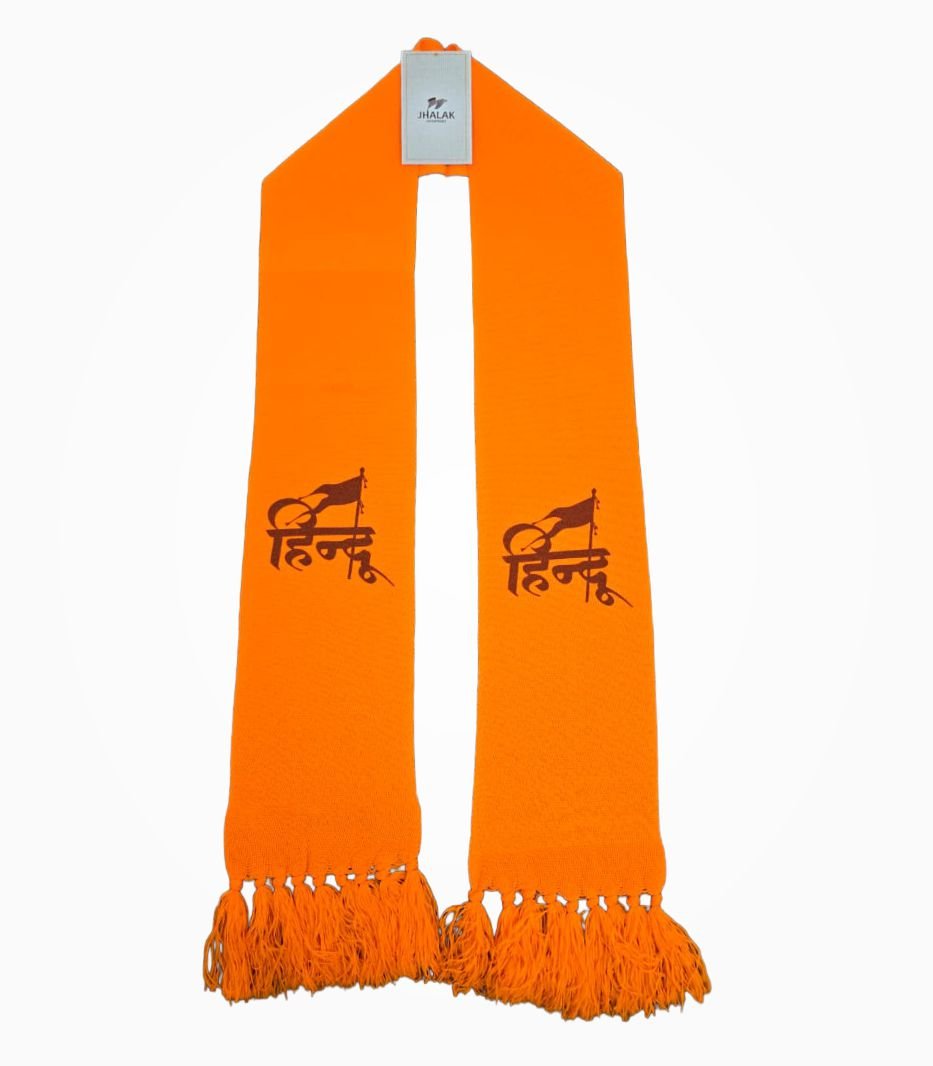 hindu orange muffler Hindu Orange Muffler Front View – Knitted Stole with Fringe Ends
