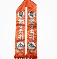 "Shiv Sena digital print muffler in heavy satin with symbol and tassels"
