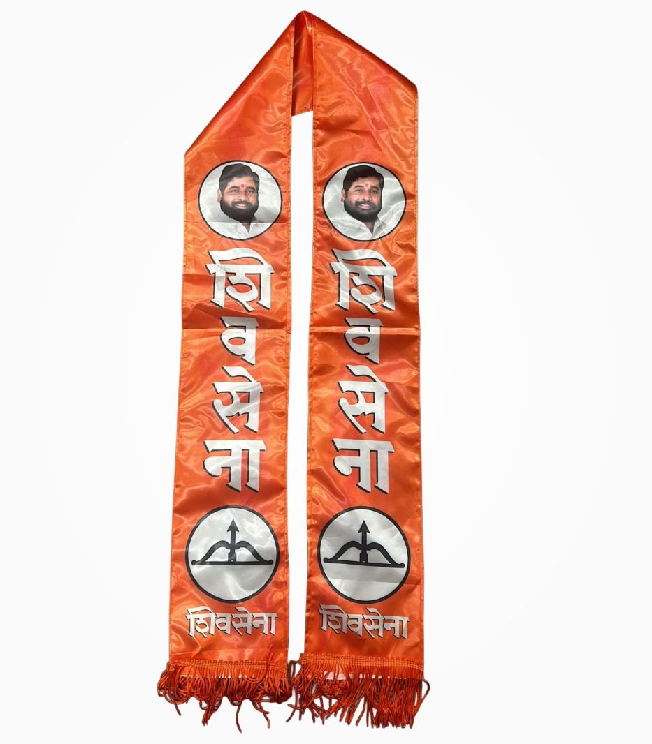 "Shiv Sena digital print muffler in heavy satin with symbol and tassels"