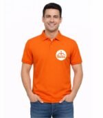 Model wearing orange Shiv Sena collared polo t-shirt front view