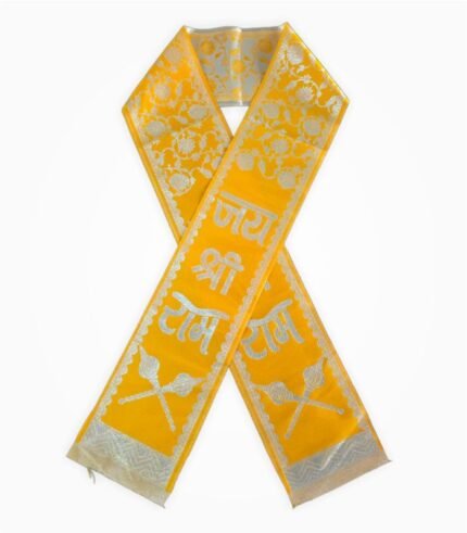 Jai Shree Ram stole yellow silver print front view