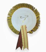 Back side of zari ribbon badge with secure attachment – purple cream 2 layer rosette badge