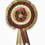 Zari ribbon badge 2 layer purple cream satin flower rosette badge with zari fringe border