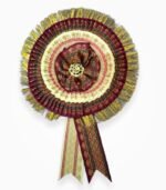 Zari ribbon badge 2 layer purple cream satin flower rosette badge with zari fringe border